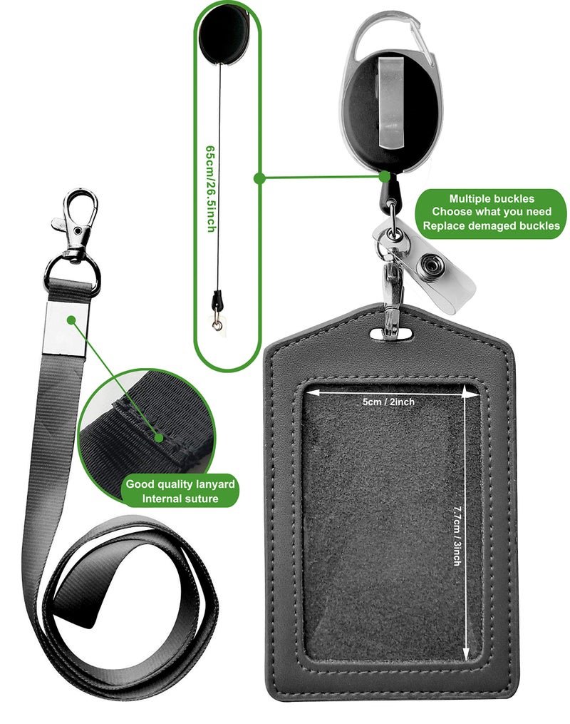 HoAoOo ID Card Case + Heavy Duty Lanyard (Black) + Badge Holder Retractable Reel Carabiner and Plastic Clip (Genuine Leather) - Image 4